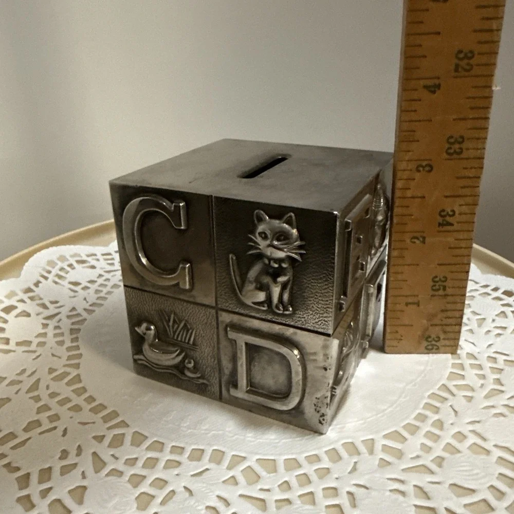 Godinger Silver ABC Block Piggy Bank Cube Nursery Baby Keepsake Metal‎